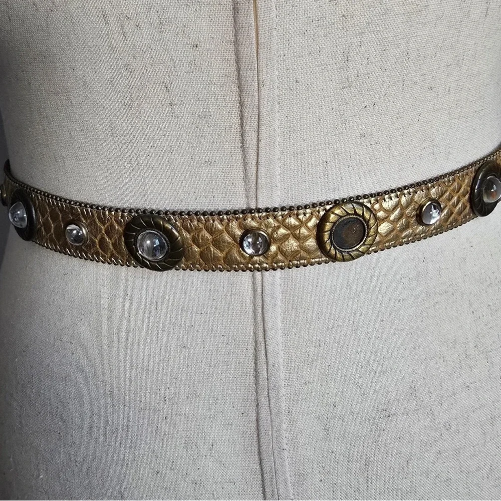 Vintage Gold Embossed Leather Crystal Studded Brass Buckle 80s Glam Belt M/L